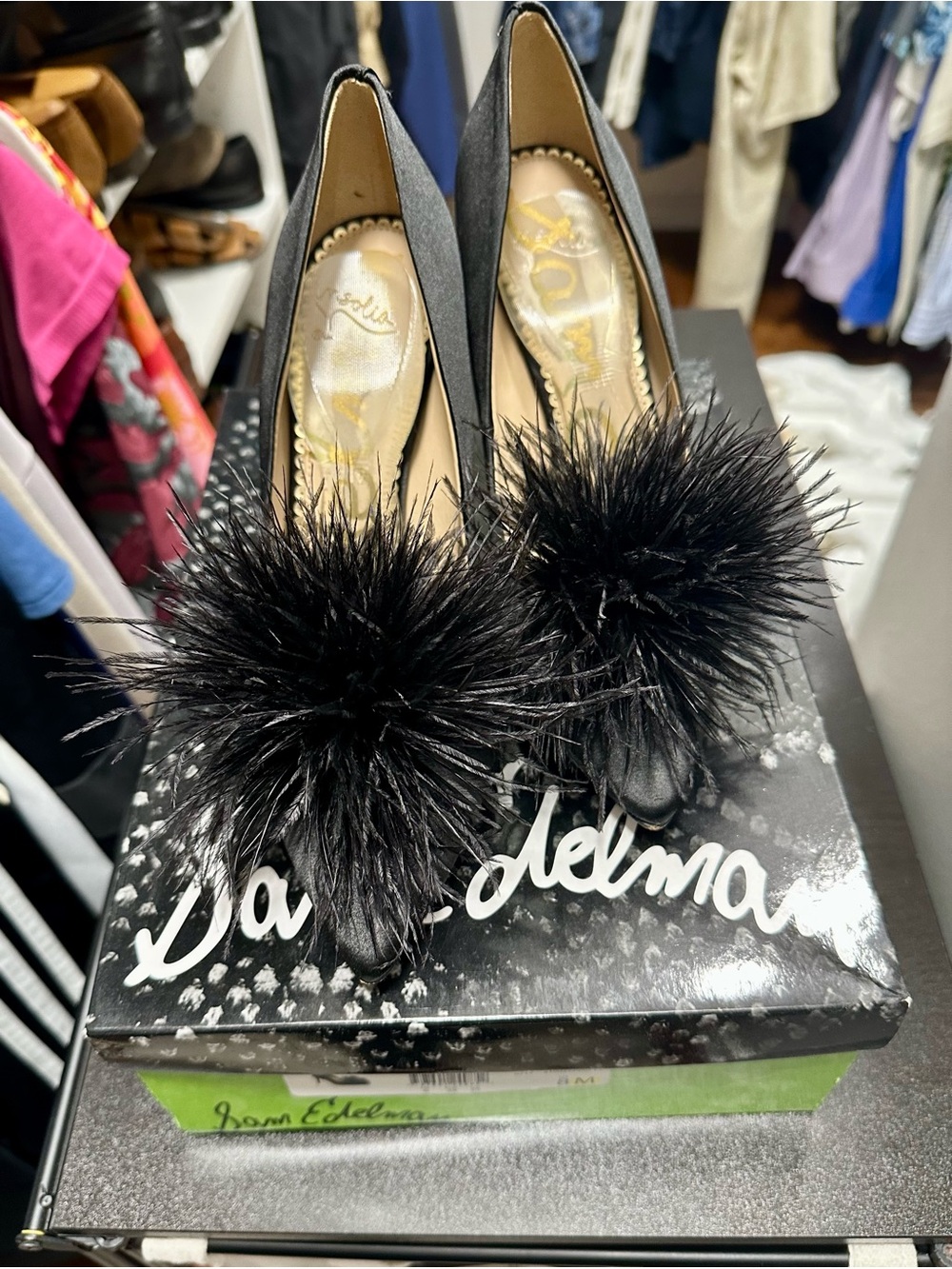 Sam Edelman Black Satin Pom-Pom Pointed Toe Pumps